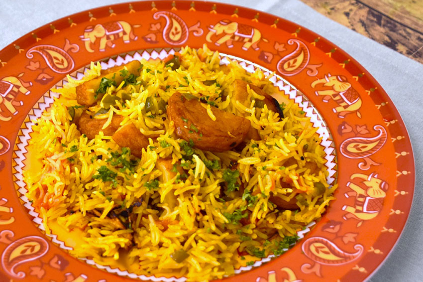 fish biryani with satsuma-age